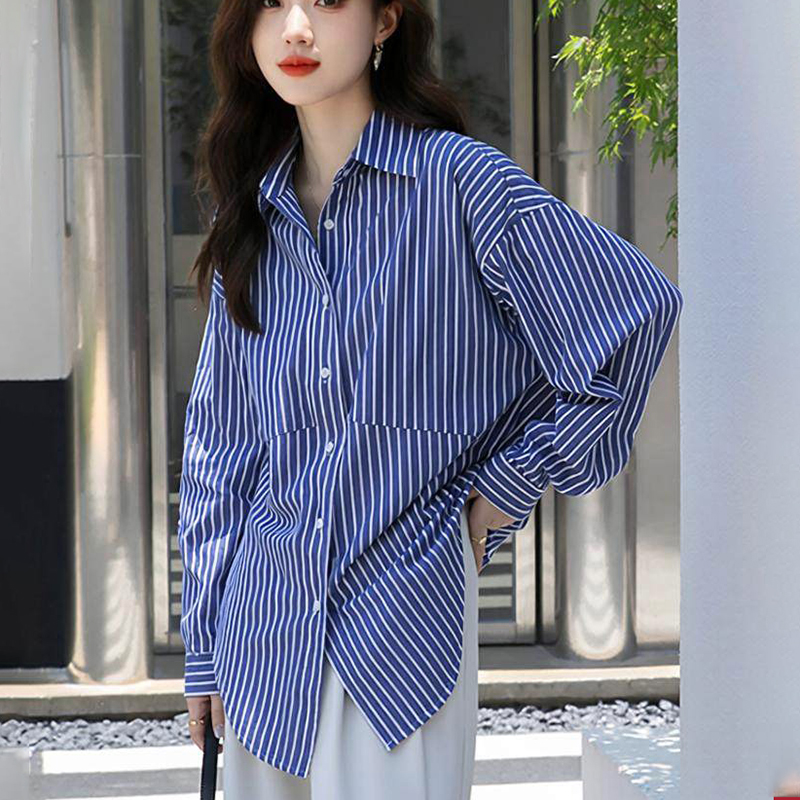 藍色條紋襯衫女設計感小眾2026春新款寬松百搭內搭襯衣上衣女