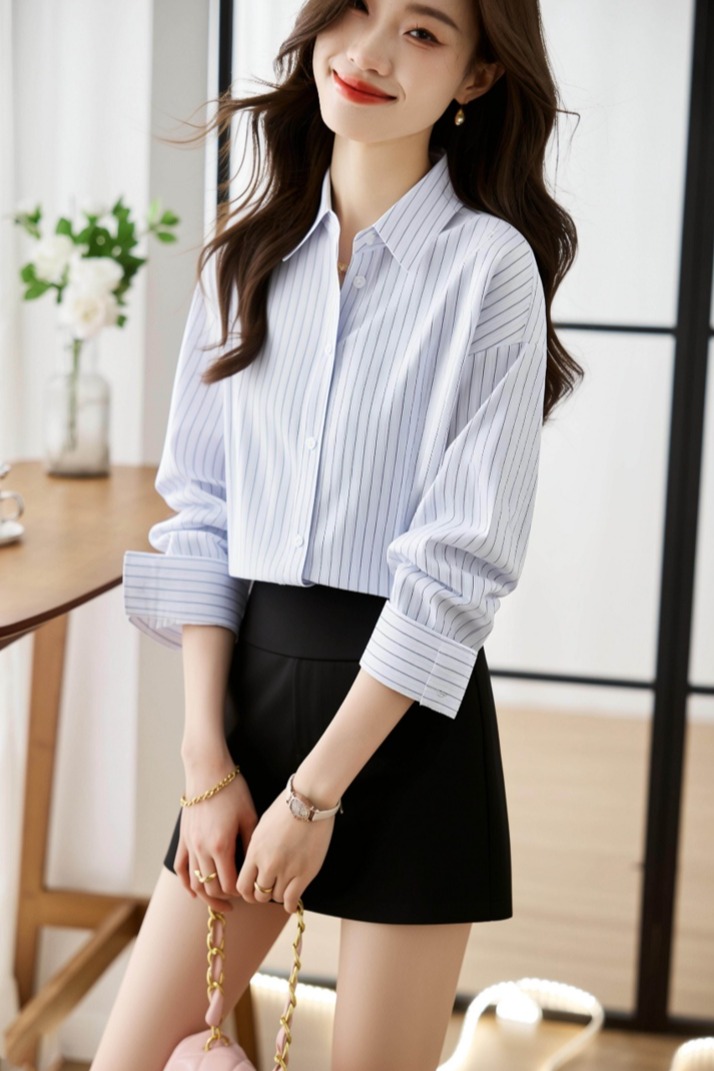 鹽系條紋襯衫 慵懶風寬松休閑襯衣女2026春秋長袖通勤外套
