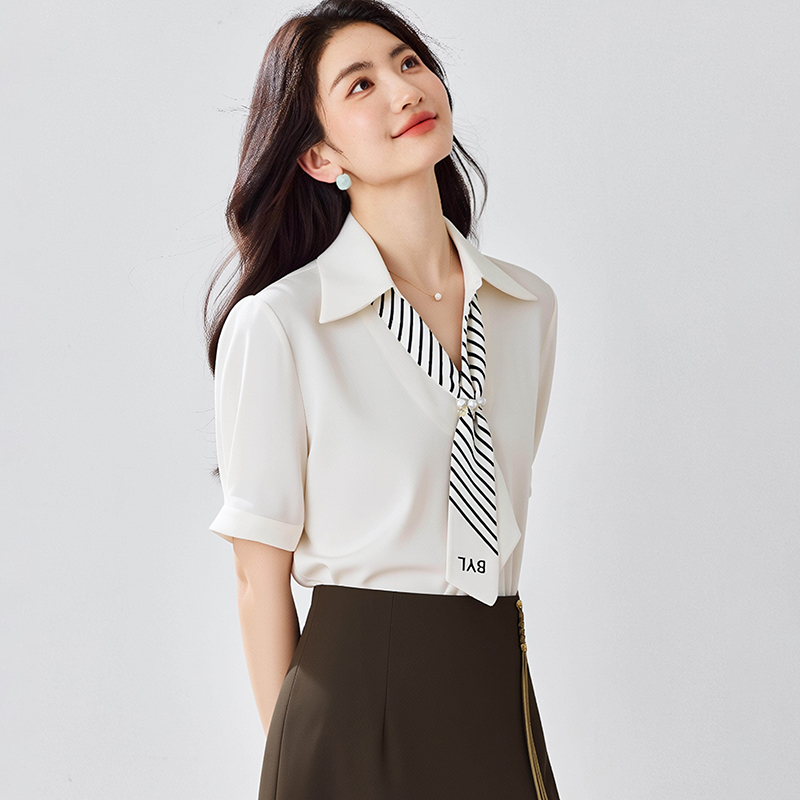 法式飄帶短袖襯衫廳里廳氣衣服女2026夏季新款緞面職業通勤上衣