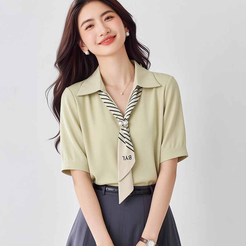 法式飄帶短袖襯衫廳里廳氣衣服女2026夏季新款緞面職業通勤上衣