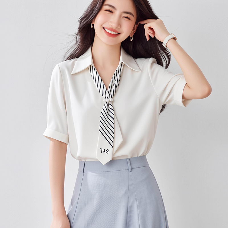 法式飄帶短袖襯衫廳里廳氣衣服女2026夏季新款緞面職業通勤上衣