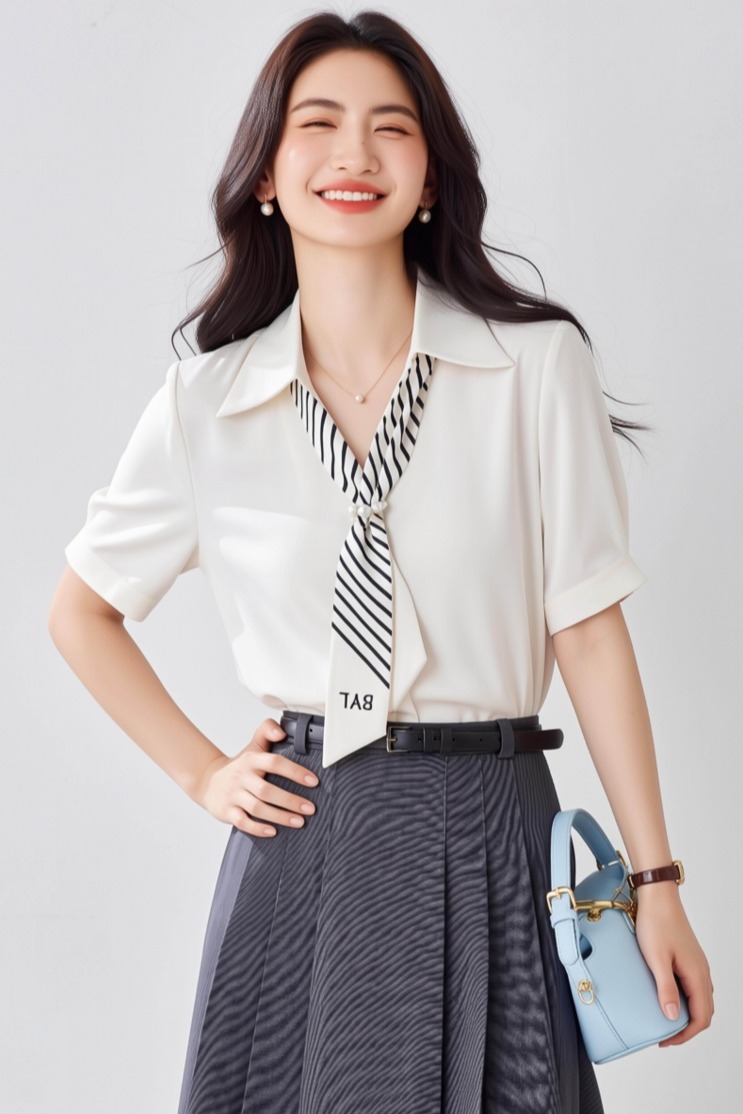 法式飄帶短袖襯衫廳里廳氣衣服女2026夏季新款緞面職業通勤上衣