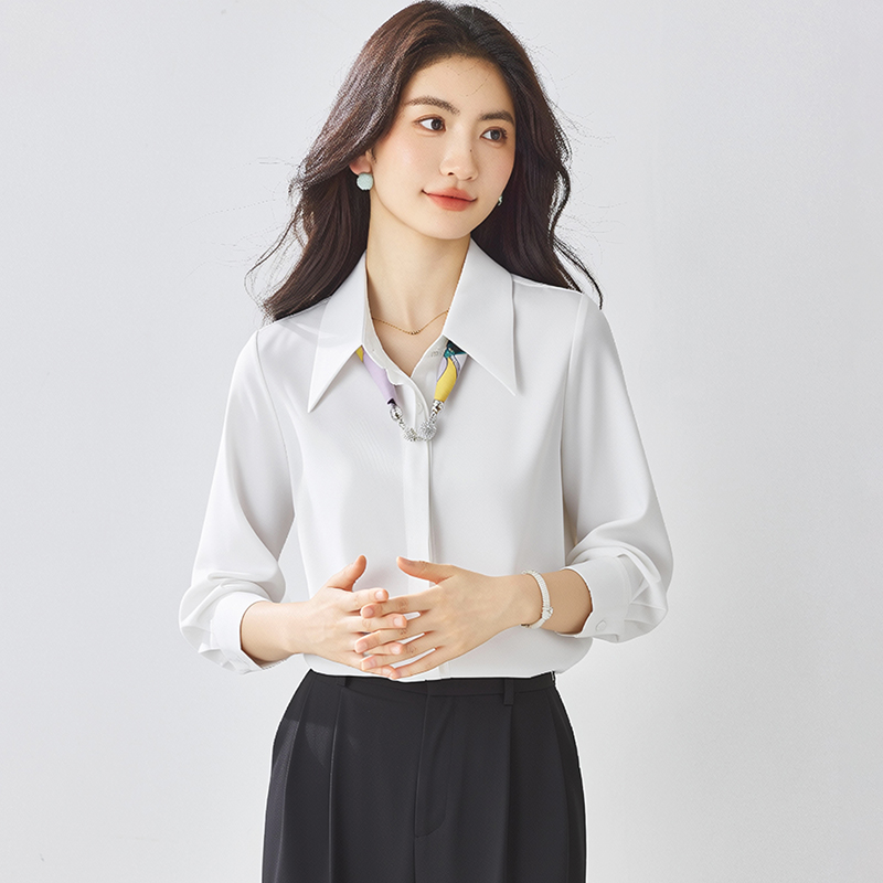 實拍2026新款氣質翻領絲巾裝飾可拆卸長袖雪紡白襯衫女秋薄款上衣
