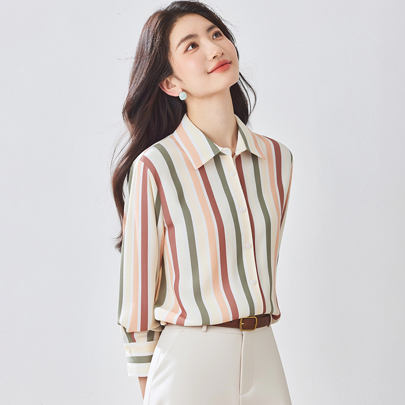 實拍 條紋襯衫上衣女長袖2026春秋設計感小眾復古緞面襯衣女顯瘦