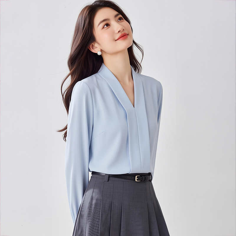 2026春秋洋氣白色V領緞面襯衫女長袖寬松顯瘦百搭職業氣質女上衣