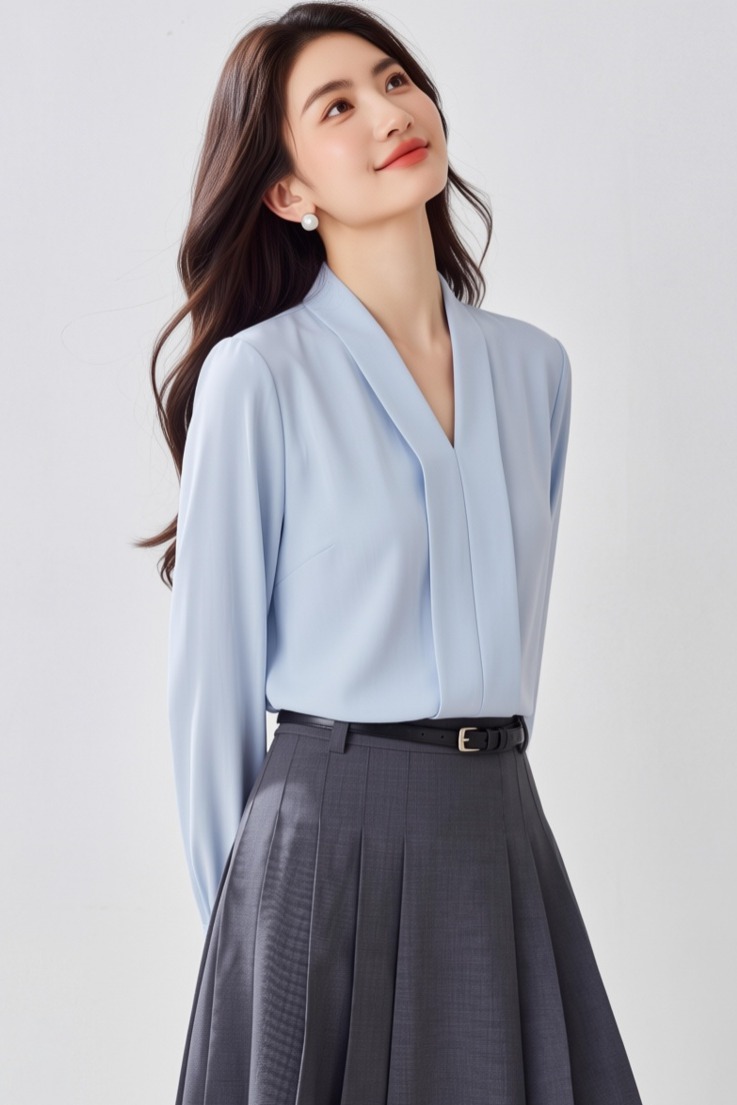 2026春秋洋氣白色V領緞面襯衫女長袖寬松顯瘦百搭職業氣質女上衣