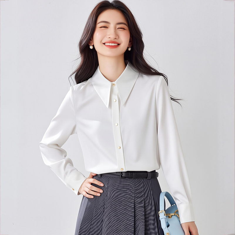 白色醋酸緞面長袖襯衫女士早春時尚洋氣高級感OL通勤簡約光澤襯衣