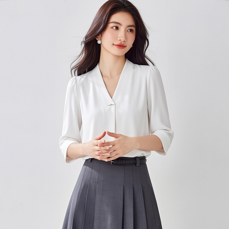 白色雪紡襯衫女士春季新款2026年設計感小眾職業襯衣鎖骨v領上衣