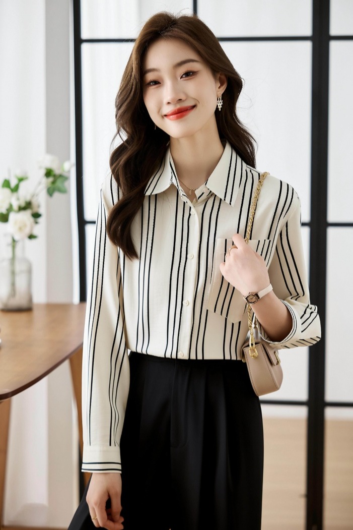 2026春秋新款簡約通勤豎條紋襯衫女氣質雪紡寬松百搭打底外穿上衣