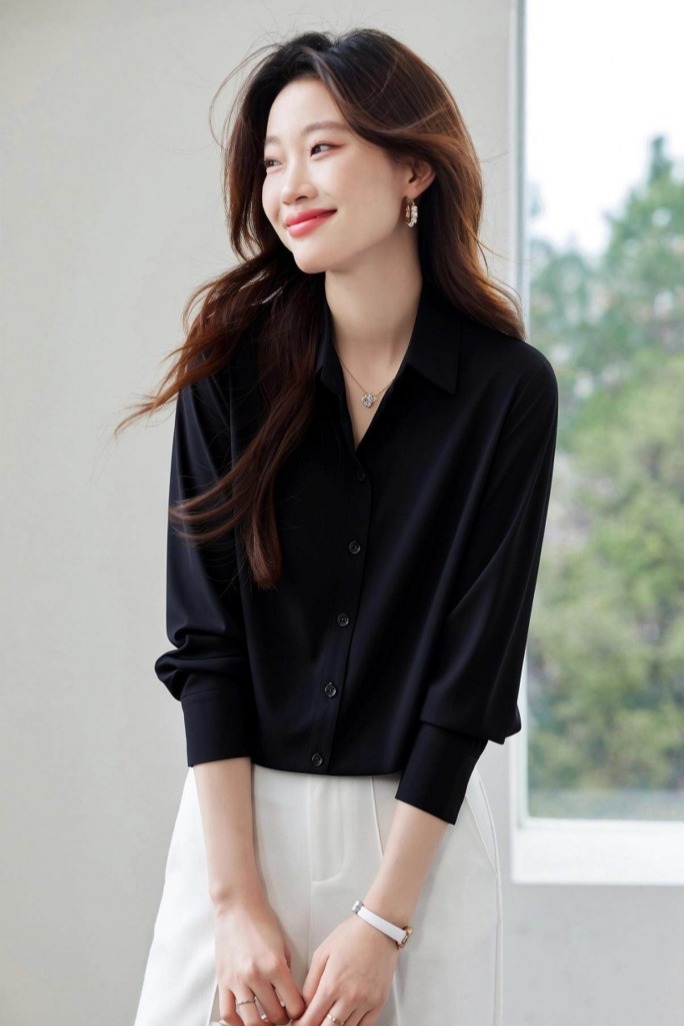 2026新款高級感黑色緞面襯衫女秋職業襯衣設計感小眾別致上衣