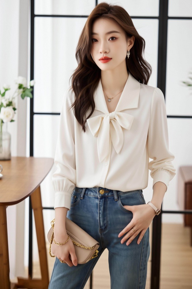 2026長袖襯衫女新款西裝領飄帶蝴蝶結雪紡襯衣設計感小眾打底上衣