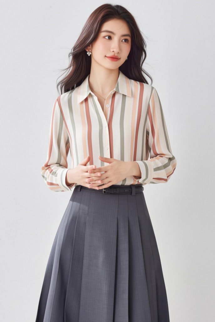 實拍 條紋襯衫上衣女長袖2026春秋設計感小眾復古緞面襯衣女顯瘦