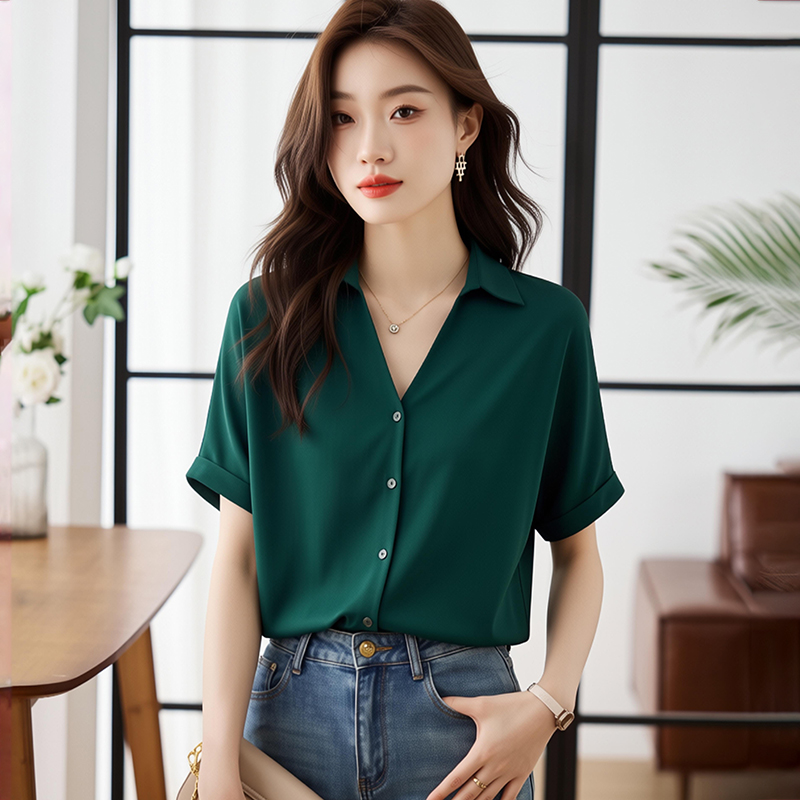 2026夏季洋氣fashion墨綠顯膚白寬松女襯衫V領顯瘦短袖上衣夏new