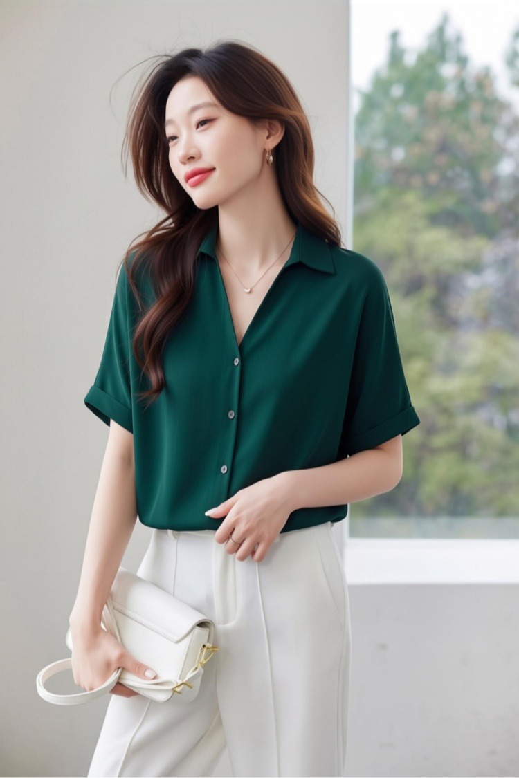 2026夏季洋氣fashion墨綠顯膚白寬松女襯衫V領顯瘦短袖上衣夏new