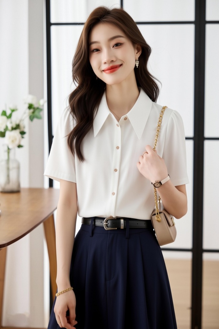 2026春夏白色尖領緞面短袖襯衫女職業通勤垂感百搭正裝港風仿真絲