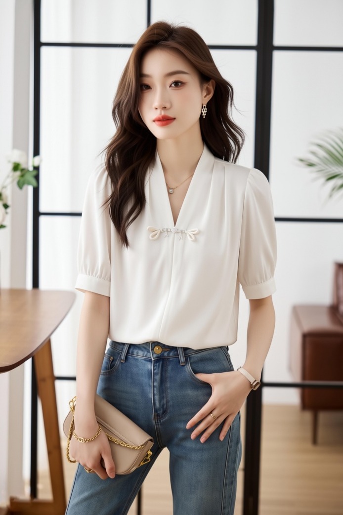 實拍 復古新中式V領盤扣短袖襯衫女裝夏季新款輕國風緞面小衫上衣