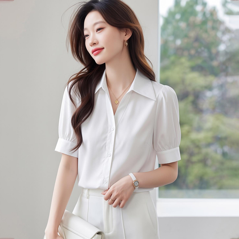 實拍 藍色短袖襯衫女夏款V領設計感小眾小個子職業通勤面試襯衣