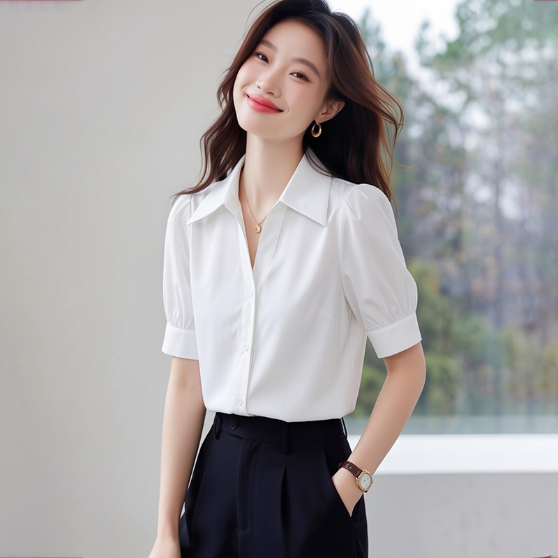 實拍 藍色短袖襯衫女夏款V領設計感小眾小個子職業通勤面試襯衣
