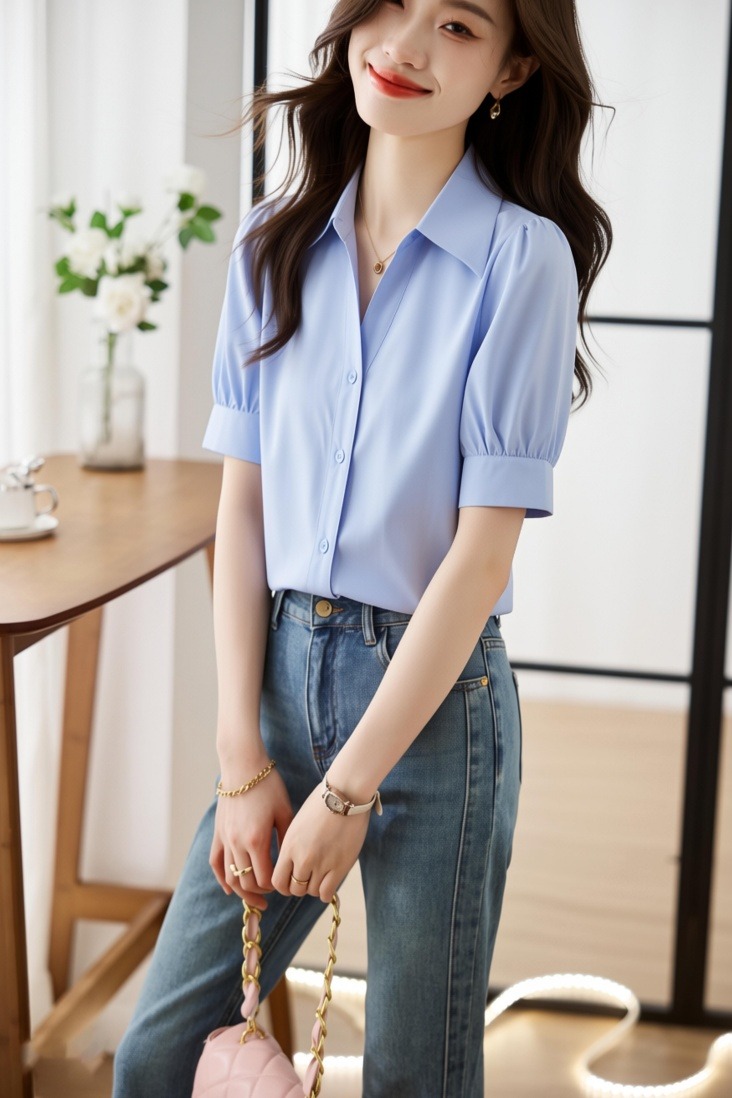 實拍 藍色短袖襯衫女夏款V領設計感小眾小個子職業通勤面試襯衣