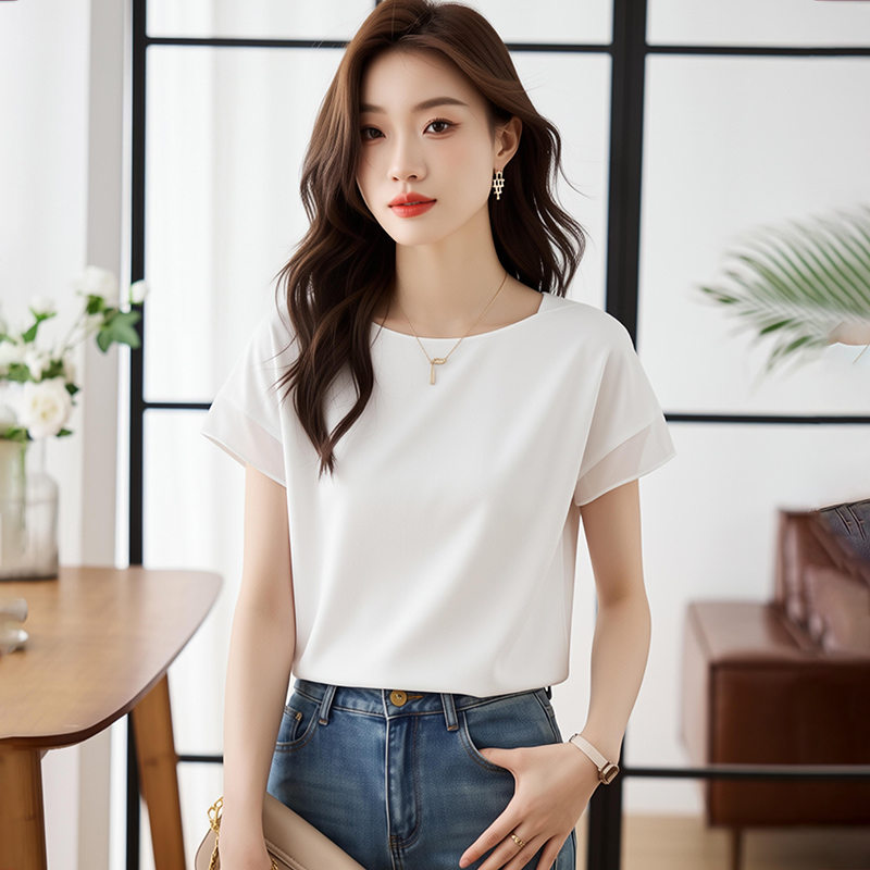 小眾時髦異材質拼接薄款短袖雪紡衫上衣女2026夏季大碼洋氣小衫