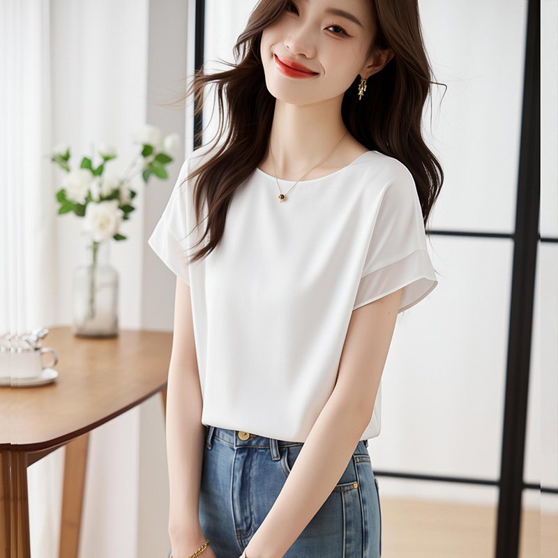 小眾時髦異材質拼接薄款短袖雪紡衫上衣女2026夏季大碼洋氣小衫