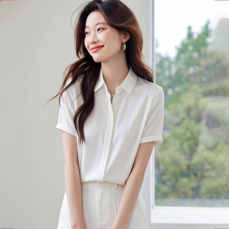 2026夏季新款緞面短袖襯衫女設計感小眾輕熟職業襯衣雪紡女上衣