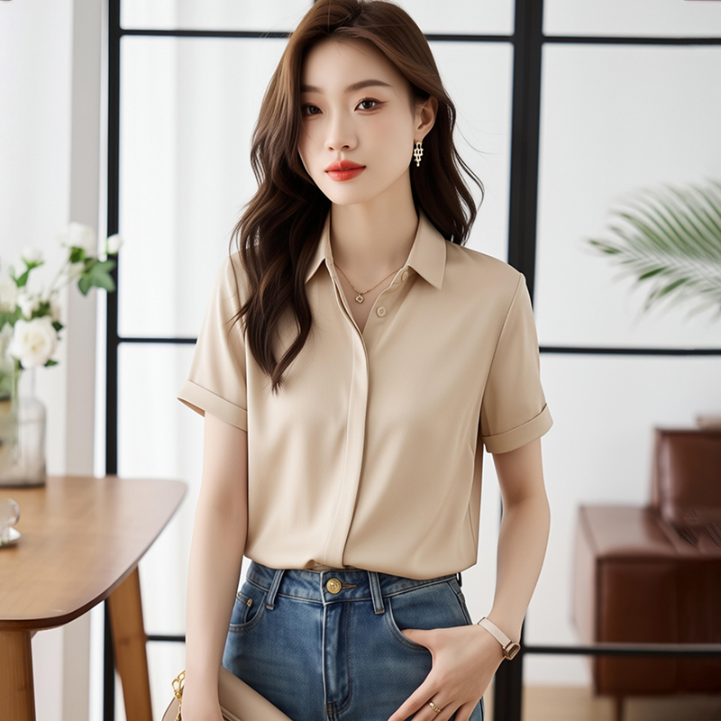 2026夏季新款緞面短袖襯衫女設計感小眾輕熟職業襯衣雪紡女上衣