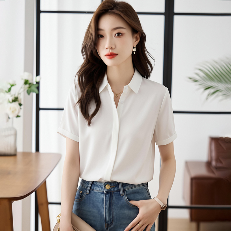 2026夏季新款緞面短袖襯衫女設計感小眾輕熟職業襯衣雪紡女上衣