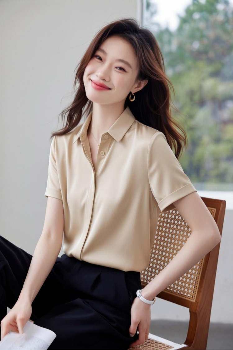 2026夏季新款緞面短袖襯衫女設計感小眾輕熟職業襯衣雪紡女上衣
