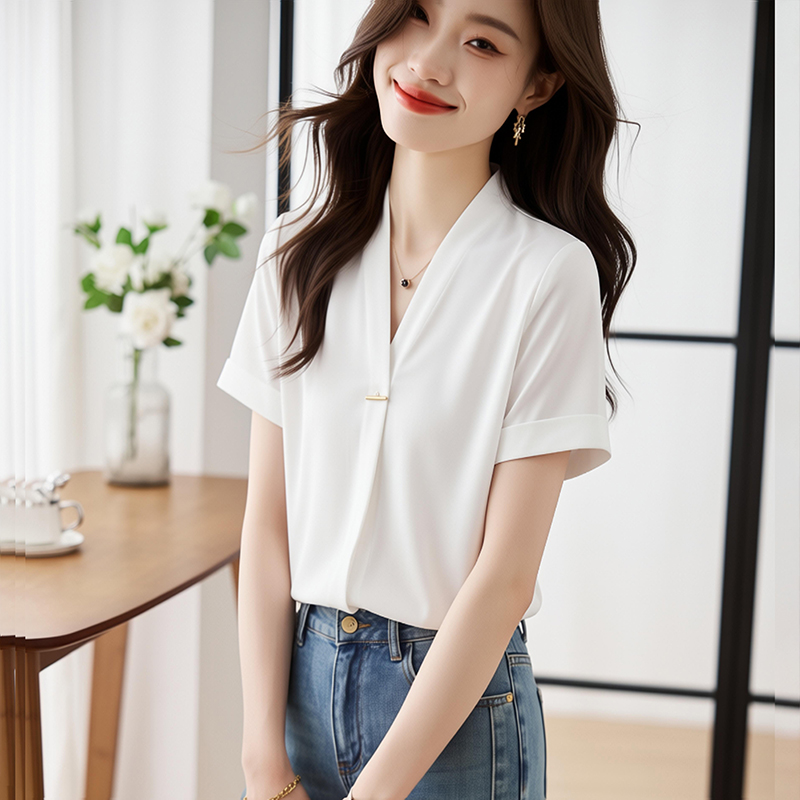 白色v領襯衫女氣質短袖2026夏季新款正裝抗皺職業打底上衣雪紡衫
