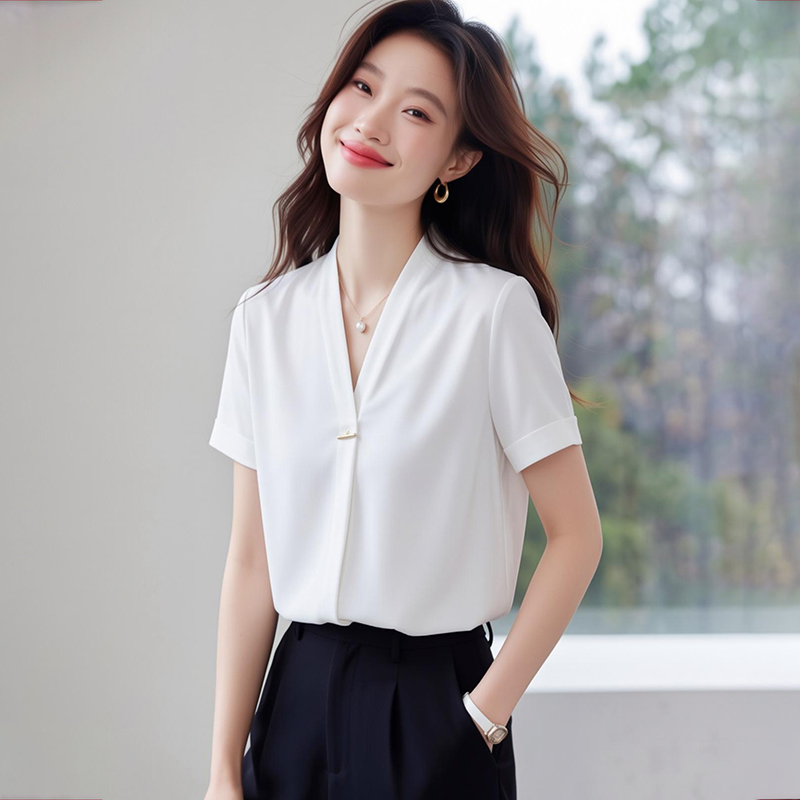 白色v領襯衫女氣質短袖2026夏季新款正裝抗皺職業打底上衣雪紡衫