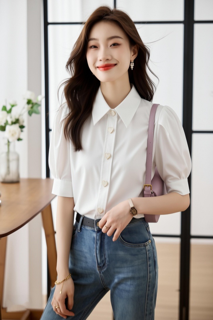 白色泡泡袖棉襯衫女短袖夏新款 甜美復古上衣 彈力透氣燈籠袖襯衣
