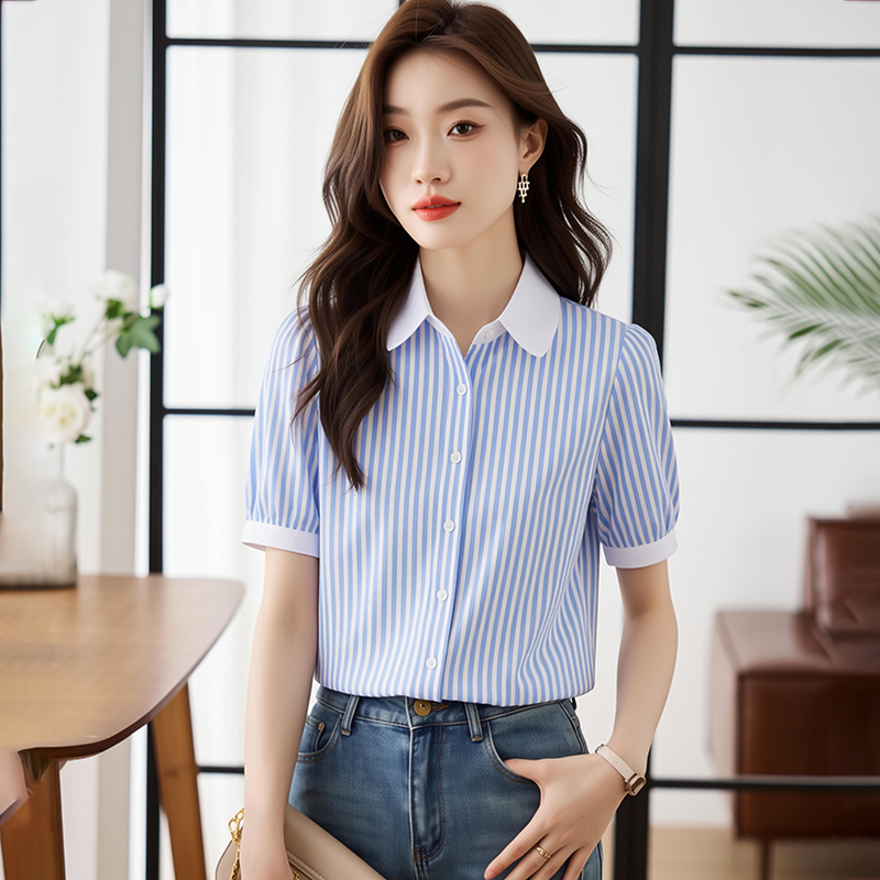 藍色短袖豎條紋襯衫女夏季 泡泡袖 高級感時尚OL法式氣質優雅復古