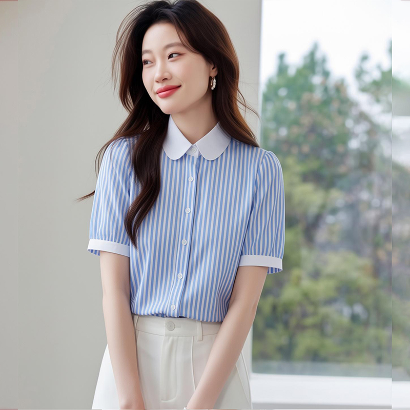 藍色短袖豎條紋襯衫女夏季 泡泡袖 高級感時尚OL法式氣質優雅復古