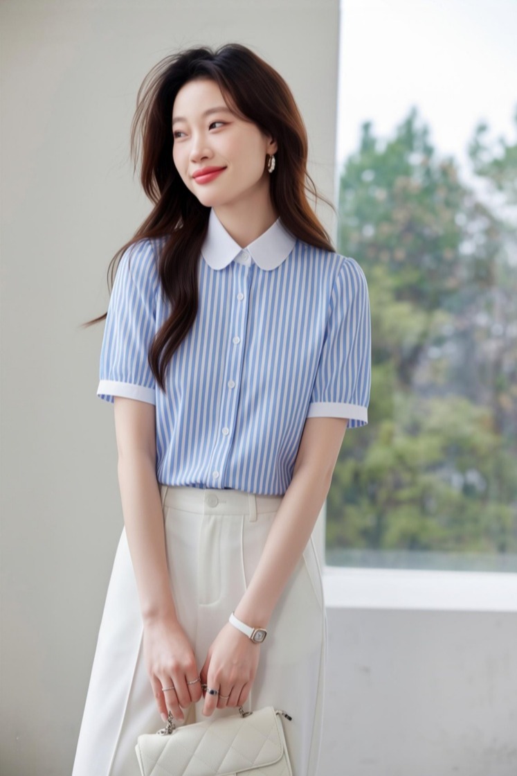 藍色短袖豎條紋襯衫女夏季 泡泡袖 高級感時尚OL法式氣質優雅復古