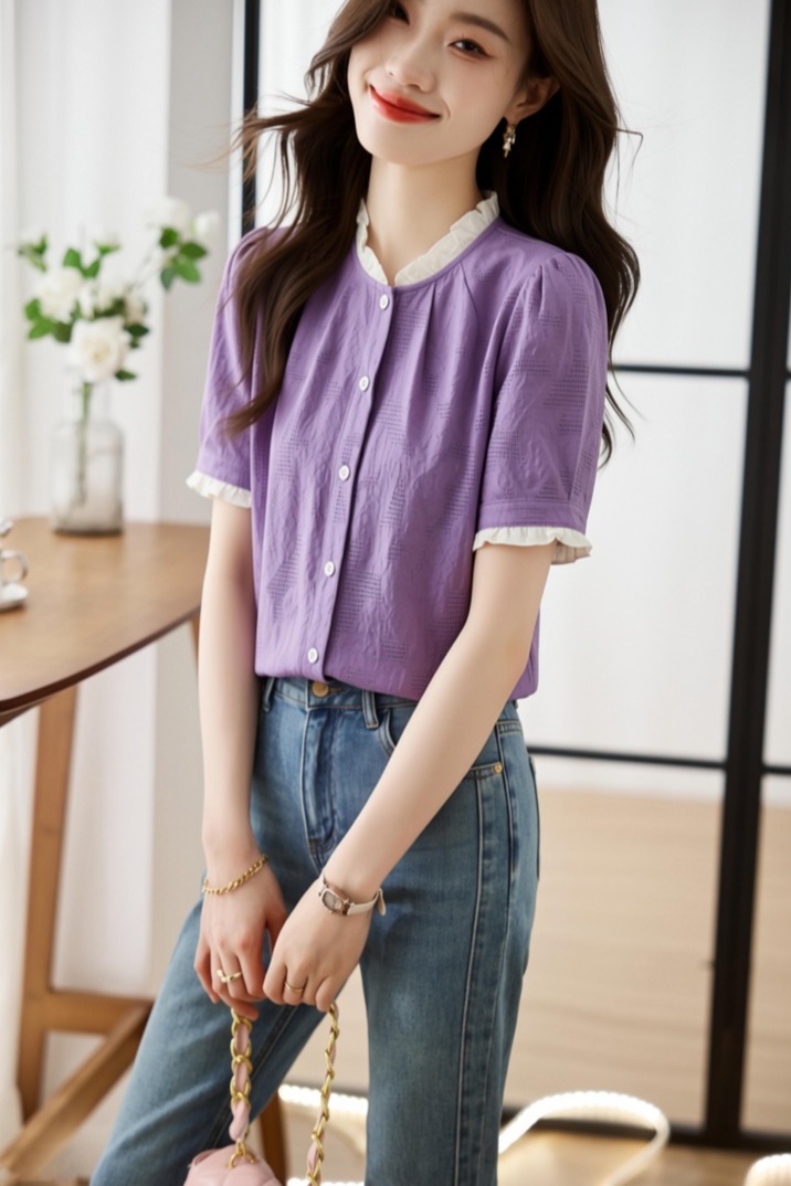 法式木耳邊襯衫女短袖2026夏季新款通勤風肌理感紫色襯衣上衣