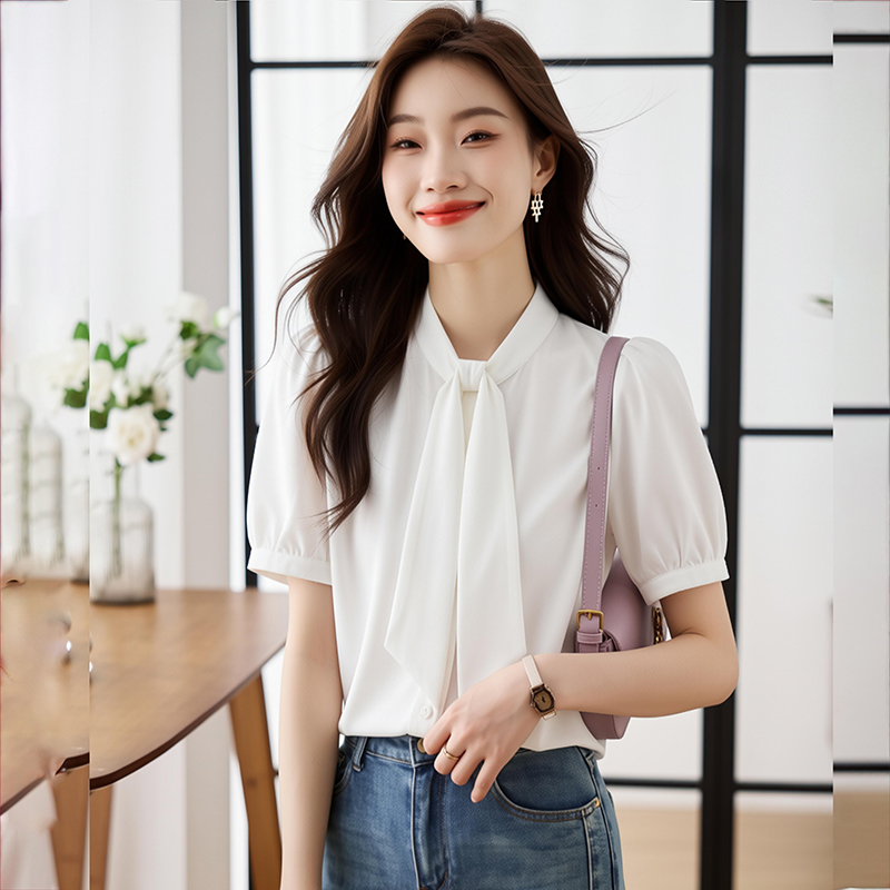網圖白色緞面短袖襯衫女設計感小眾輕熟港風飄帶通勤職業襯衣