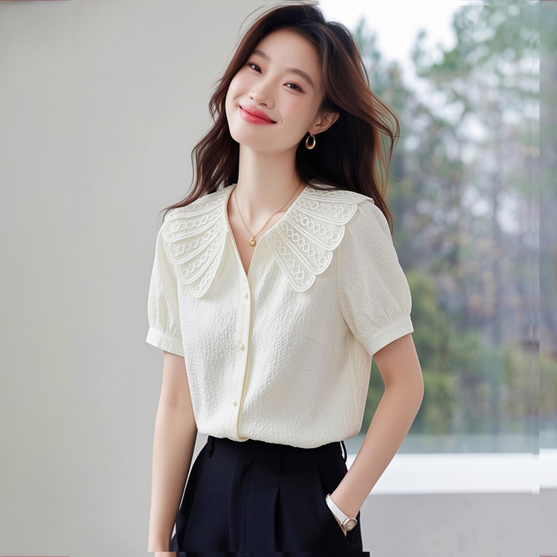 娃娃領短袖襯衫女2026夏設計感小個子小眾法式復古上衣碎花雪紡衫