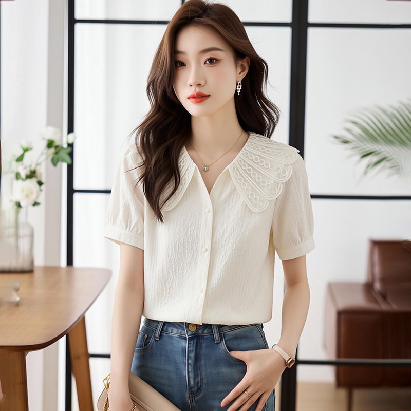 娃娃領短袖襯衫女2026夏設計感小個子小眾法式復古上衣碎花雪紡衫