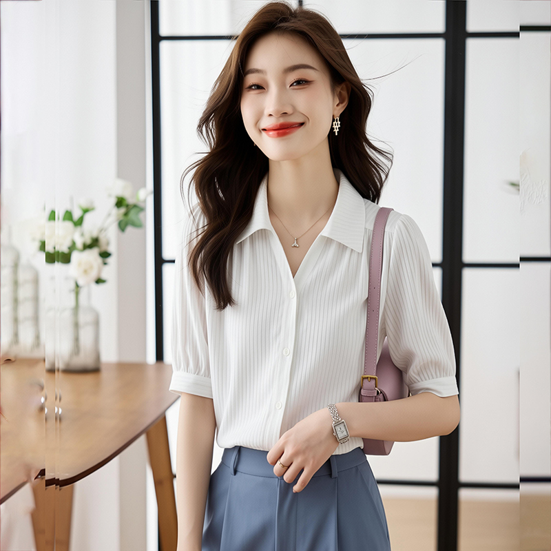 2026夏季新款垂感白色中袖襯衫女輕薄修身顯瘦OL別致女上衣短袖