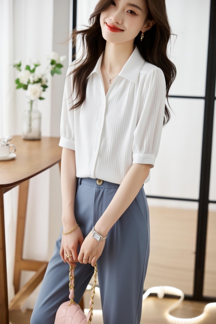 2026夏季新款垂感白色中袖襯衫女輕薄修身顯瘦OL別致女上衣短袖