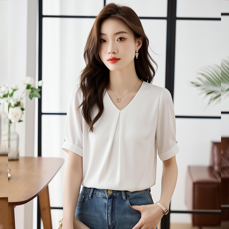 實拍26春韓版短袖寬松遮肚子雪紡衫上衣立領時尚百搭氣質洋氣小衫