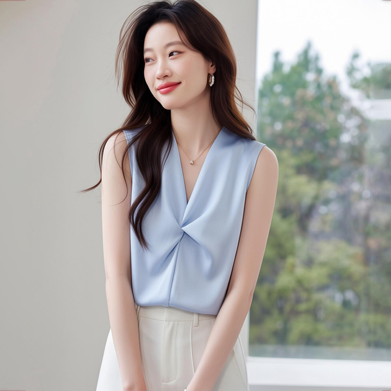8色無袖緞面上衣女26夏裝新款交叉v領寬松洋氣顯瘦韓版雪紡衫