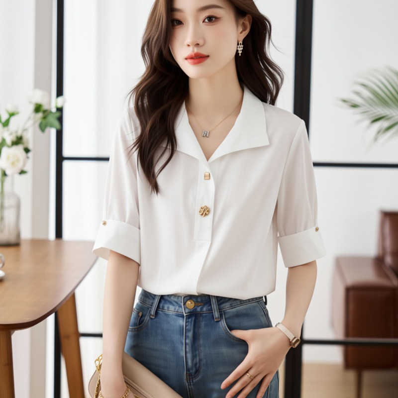 緞面襯衫女夏寬松短袖氣質垂直感襯衣金屬扣時尚顯瘦雪紡衫