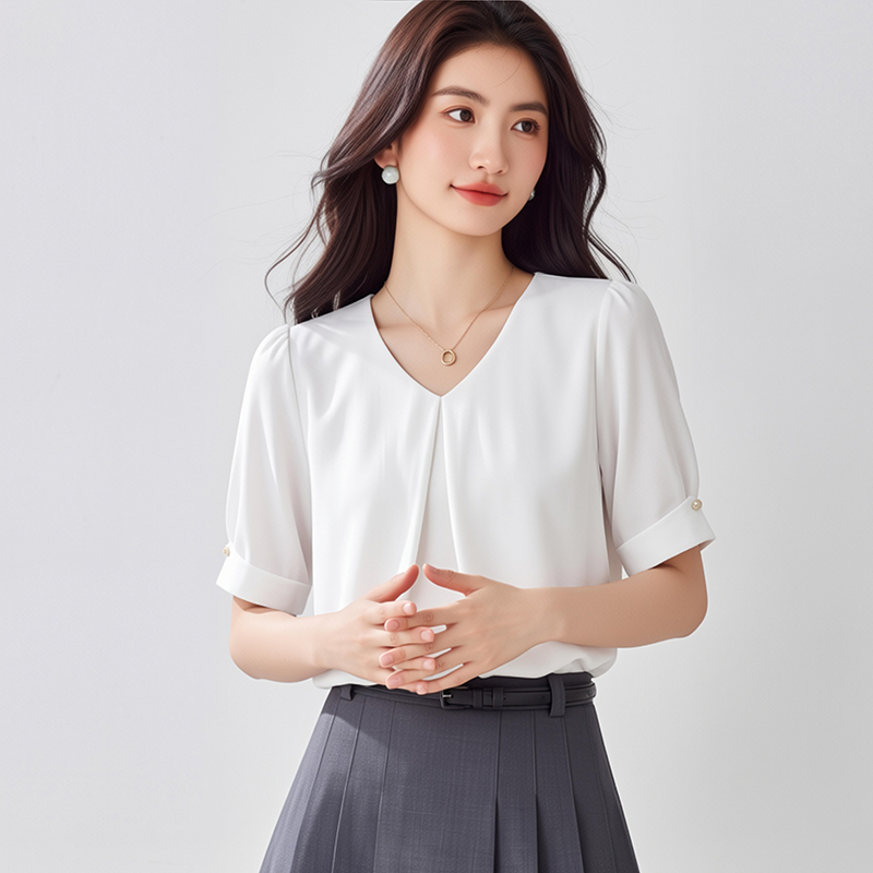實拍26春韓版短袖寬松遮肚子雪紡衫上衣立領時尚百搭氣質洋氣小衫