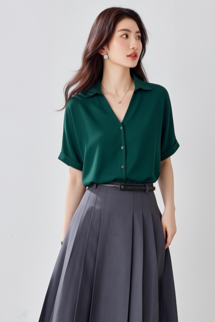 2026夏季洋氣fashion墨綠顯膚白寬松女襯衫V領顯瘦短袖上衣夏new