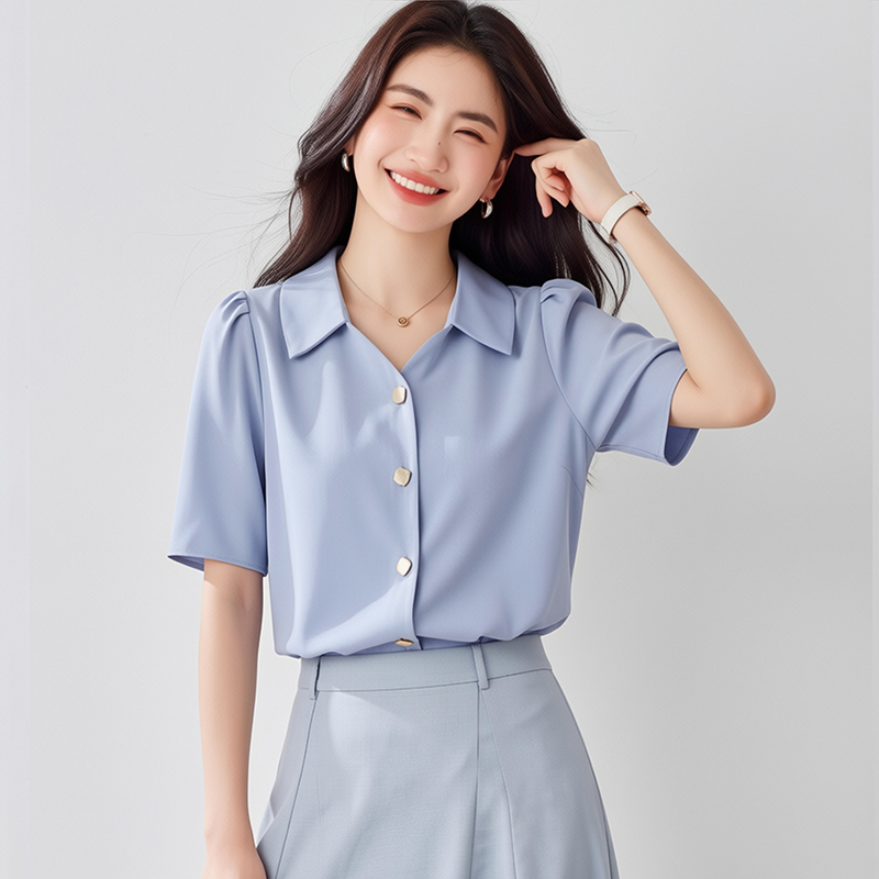 2026短袖襯衫女設計感小眾輕熟新款夏季寬松百搭法式v領雪紡上衣