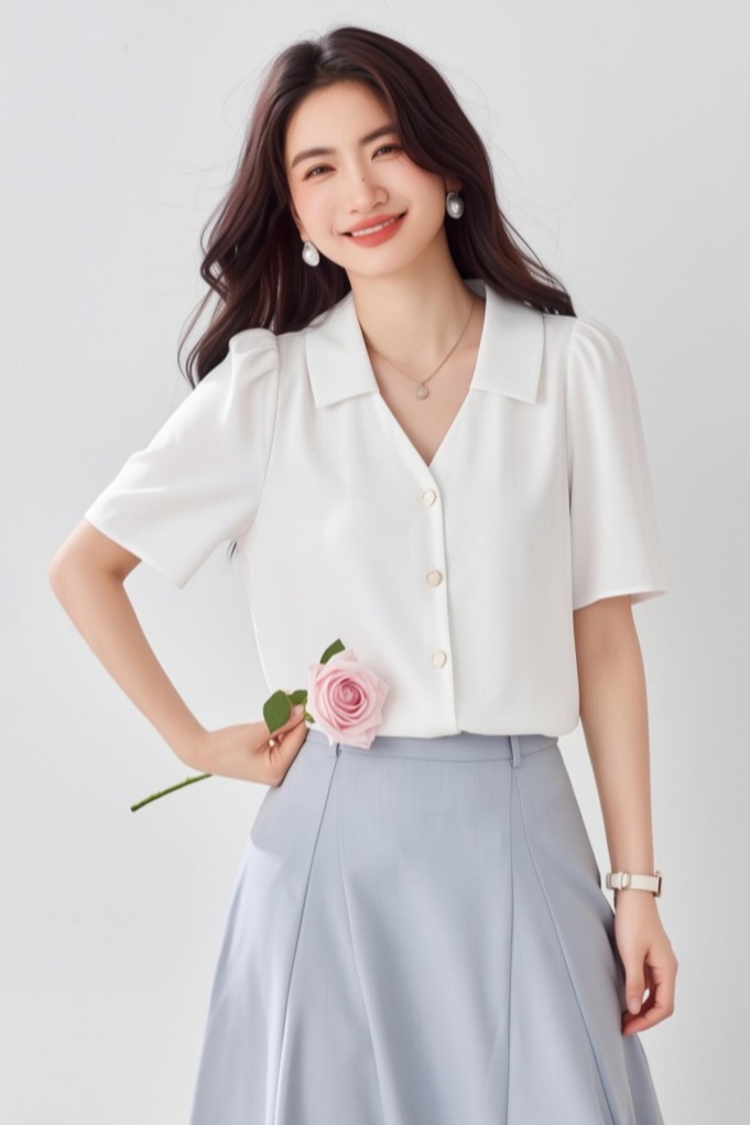 2026短袖襯衫女設計感小眾輕熟新款夏季寬松百搭法式v領雪紡上衣