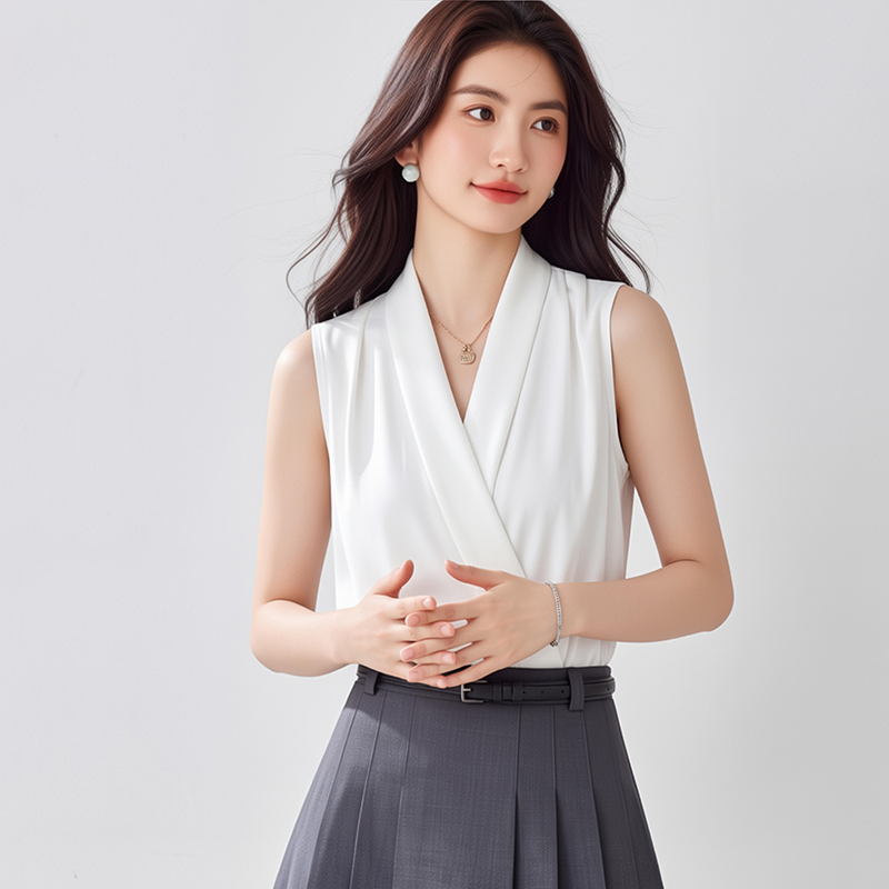 實拍 夏季無袖雪紡衫女2026氣質顯瘦V領OL光澤緞面雪紡襯衫背心