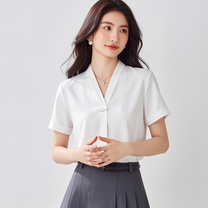 白色v領襯衫女氣質短袖2026夏季新款正裝抗皺職業打底上衣雪紡衫